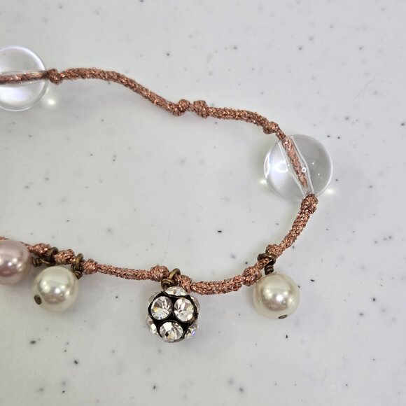 J Crew Pink Necklace Faux Pearl Rhinestone Chain Cord Knot Long Boho Bauble - Picture 2 of 8